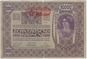 10,000 kronen (1918), overprinted "Deutschösterreich"