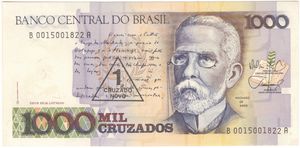 1,000 cruzados, overprinted "1 cruzado novo" (1989)