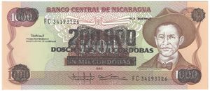 200,000 córdobas, overprinted on a 1,000 córdobas of 1985