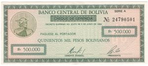 500,000 pesos bolivianos, bank cheque (5 Jun 1984)
