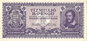 10 million b.-pengő = 10¹⁹ pengő (3 Jun 1946)