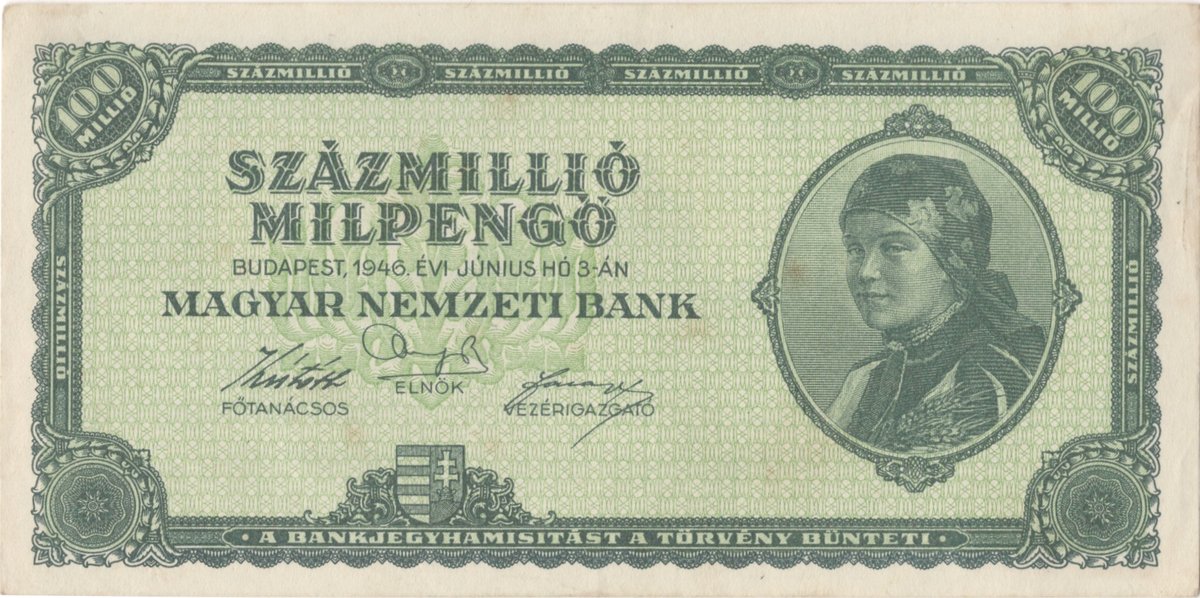100 million milpengő = 10¹⁴ pengő (3 Jun 1946)