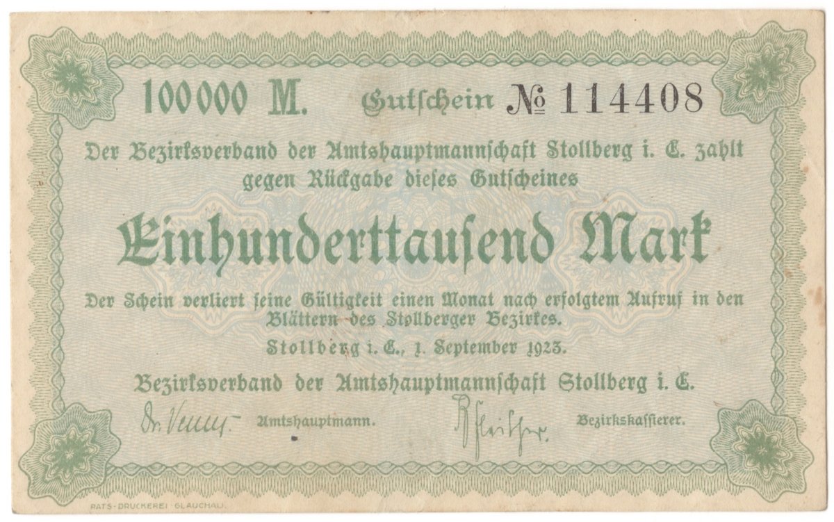 100,000 marks, emergency money (Notgeld), Stollberg (1 Sep 1923)