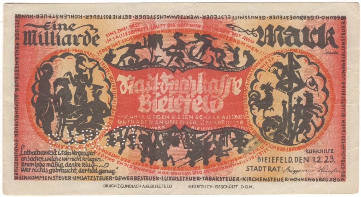 1 billion marks, emergency money (Notgeld), Bielefeld (1923)