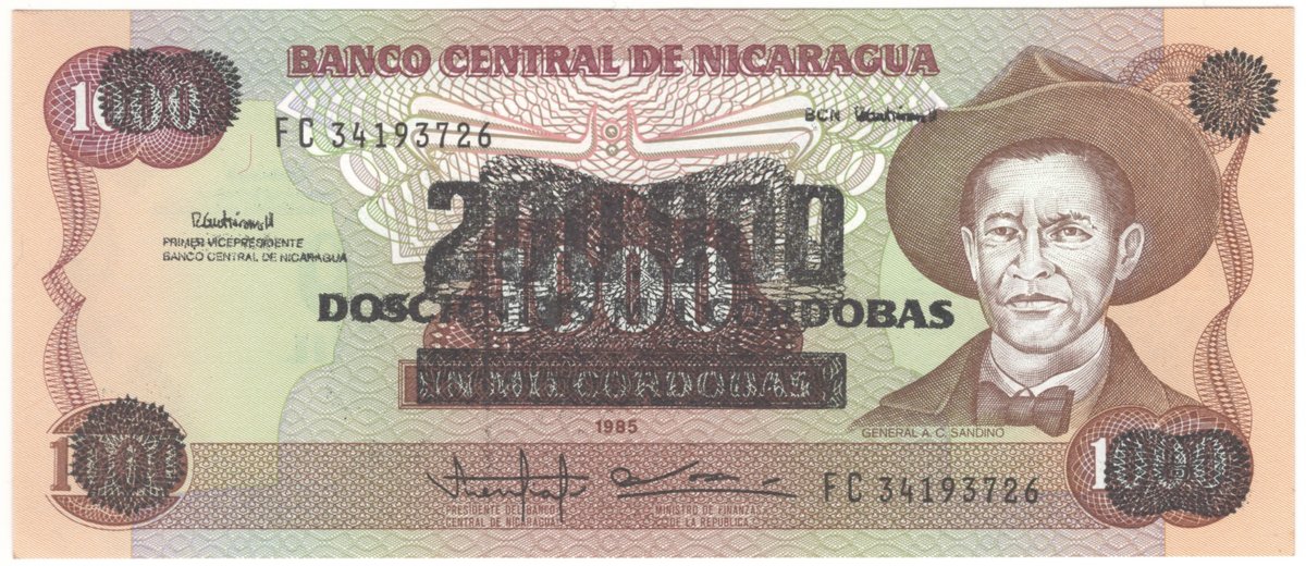 200,000 córdobas, overprinted on a 1,000 córdobas of 1985