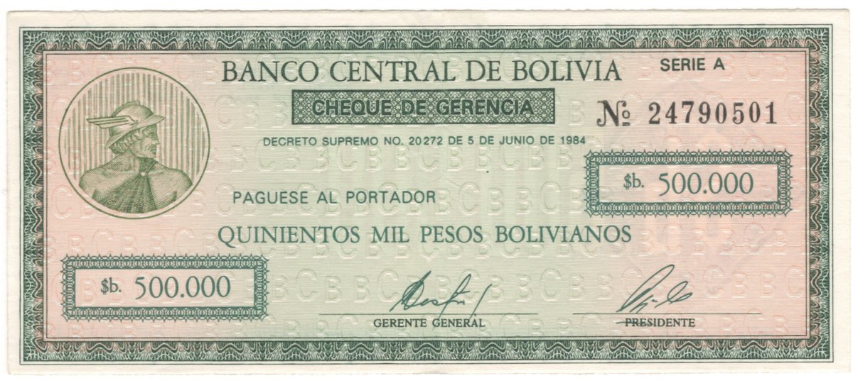 500,000 pesos bolivianos, bank cheque (5 Jun 1984)