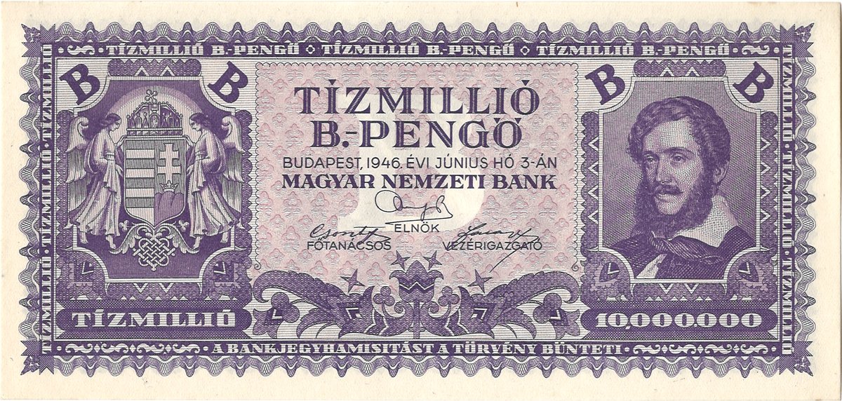 10 million b.-pengő = 10¹⁹ pengő (3 Jun 1946)
